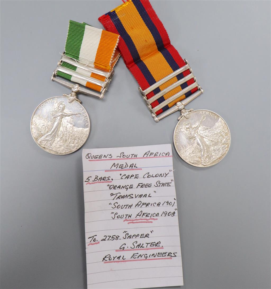A Queens South Africa medal with three bars and a Kings South Africa medal with two bars, South Africa 1901 and 1902, to 375 Pte. J.